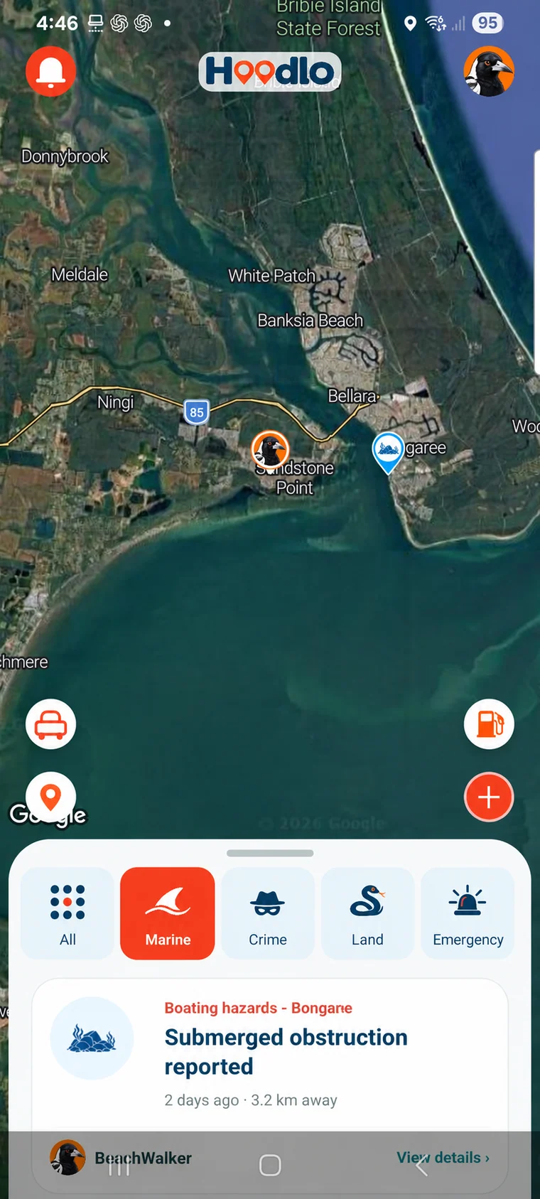 Hoodlo Marine category showing a community report of a submerged obstruction, from a test capture with profile images anonymised