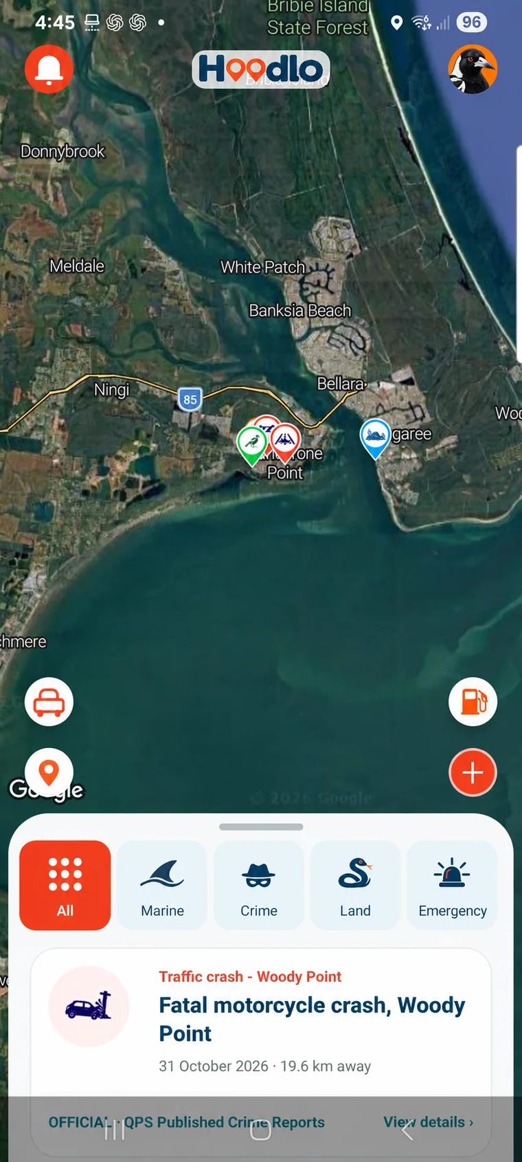 Hoodlo home screen showing satellite map, hazard pins and an official alert, captured in testing with profile images anonymised